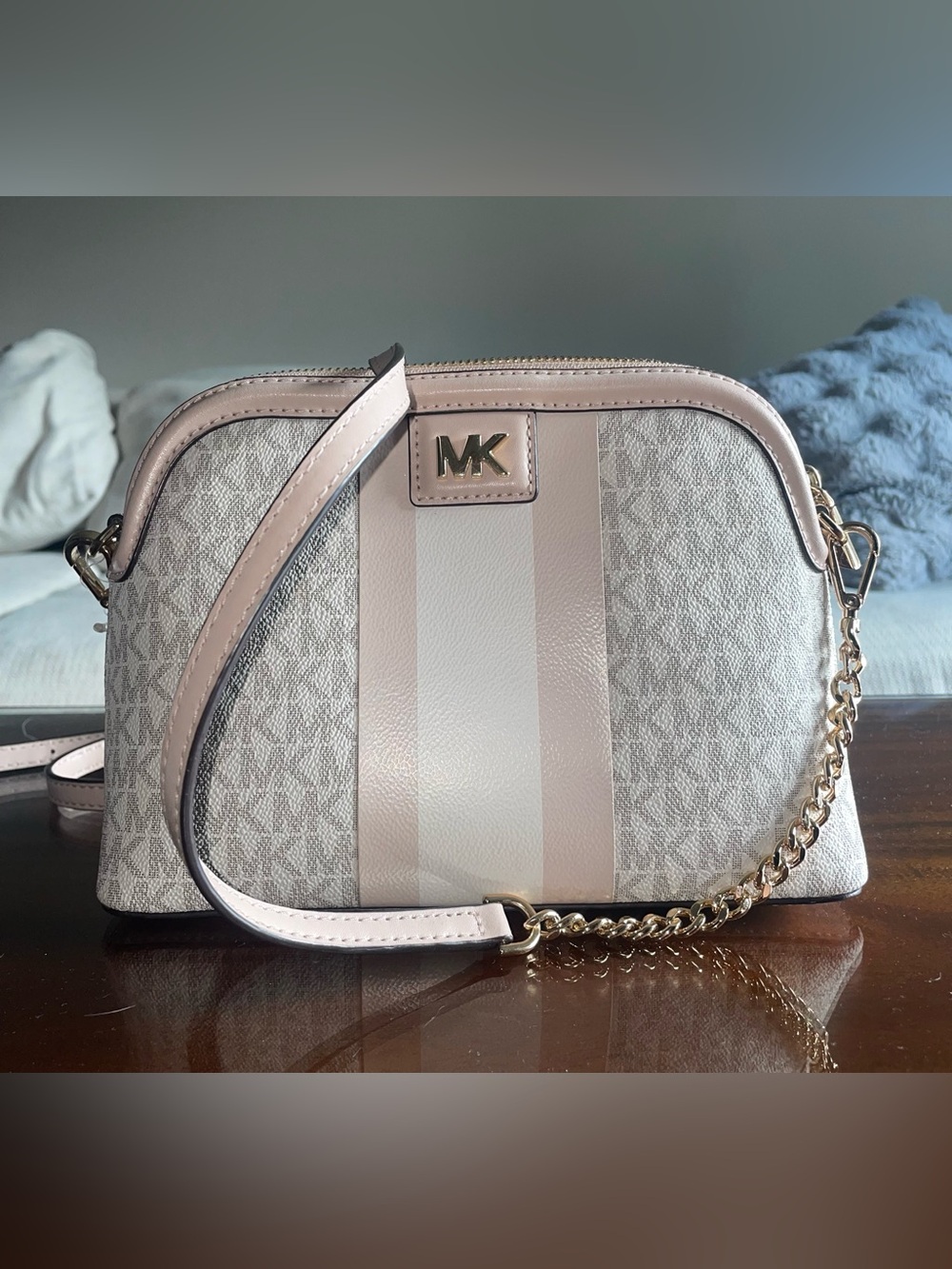 Michael Kors Blush Pink and White Logo Stripe Crossbody Bag